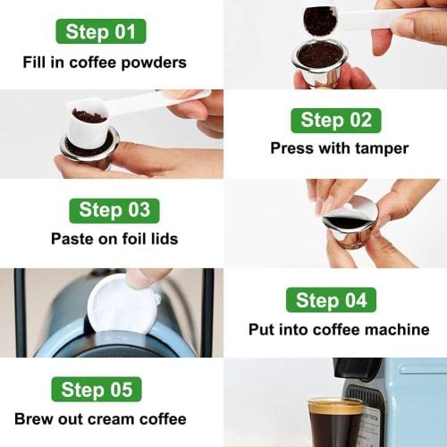 Jufjsfy Reusable Coffee Pods, Refillable Stainless Steel Coffee Capsules with Lids, Fits Nespresso Coffee Machines