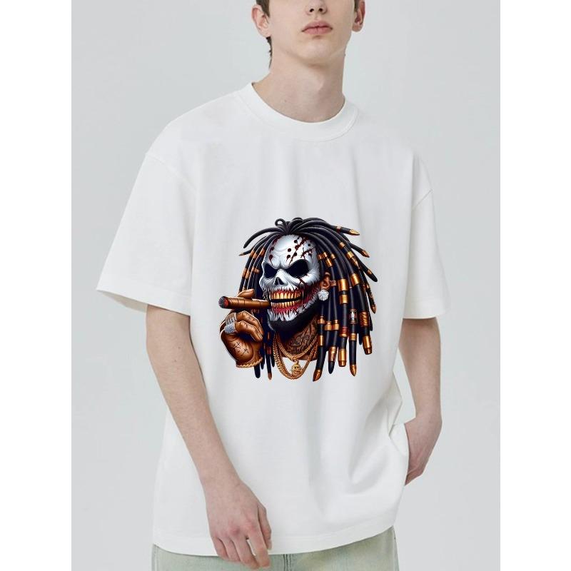 Black T Shirt with Skull and Dreadlocks Print for Casual Wear