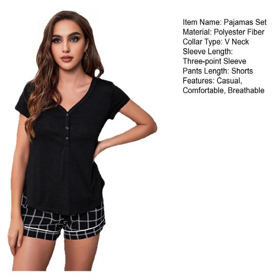Women's Two Piece Pajamas Set Short Sleeve Button Up Top Checkered Shorts Sleepwear Set