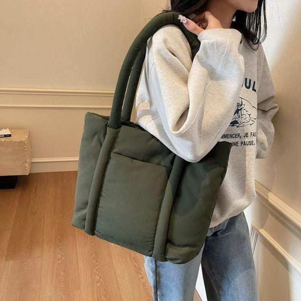 Korean Style Down Cotton Shoulder Bag Solid Color Puffy Crossbody Bag  Office Worker