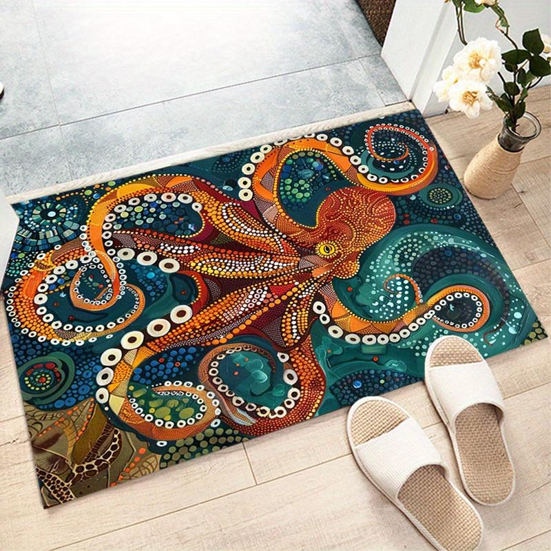 Large Crystal Velvet Area Mat Vintage Octopus Design Non Slip Fade Resistant Machine Washable Living Room Bedroom Game Room