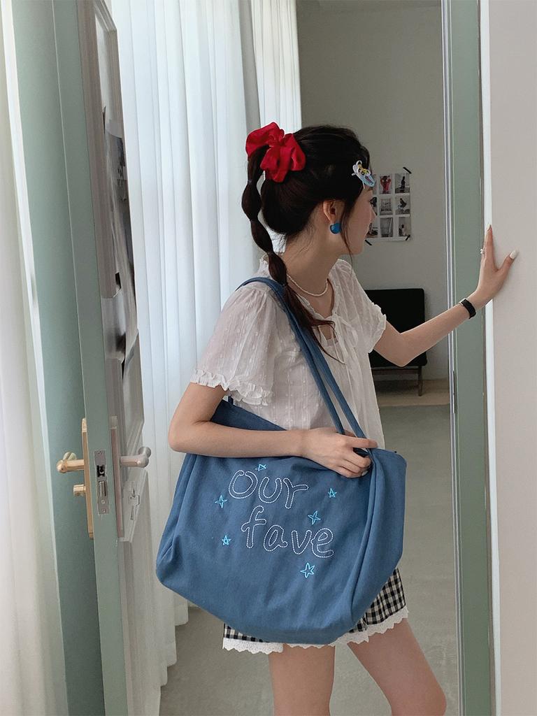 Retro Denim Shoulder Bags for Women Large Capacity Commuter Ladies Tote Handbags Letter Embroidery Female Travel Shopping Bag