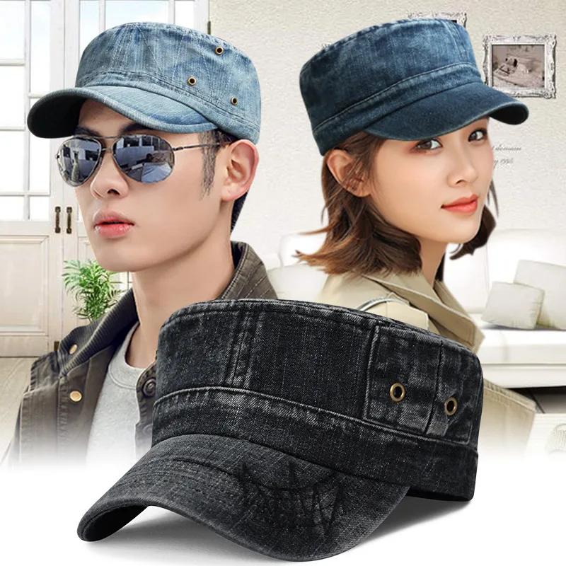 Herren Wassergewaschener Altmodischer Jeansstoff Atmungsaktiver Militärhut Outdoor Sonnenschutz Flacher Oberhut Damen Lässige Schirmmütze