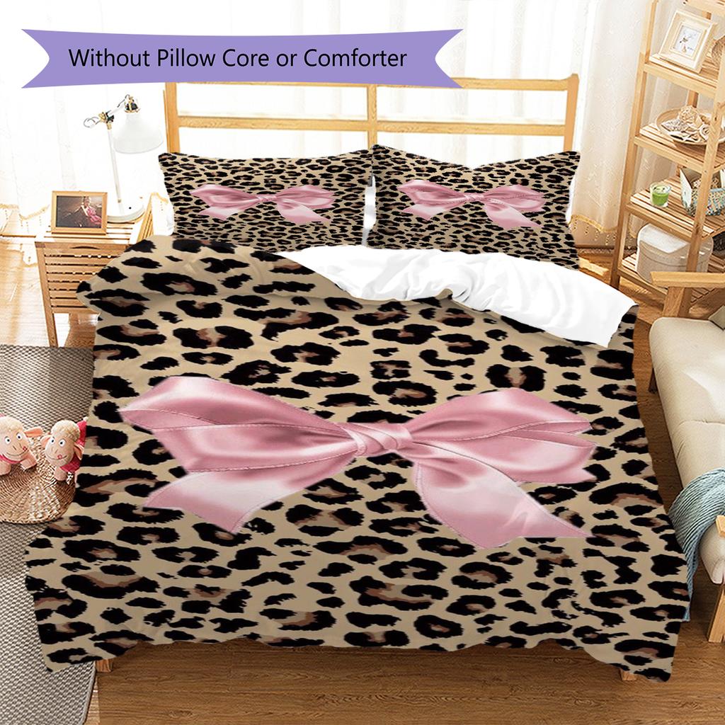 Leopard Bow Pattern Bedding Quilt Set Quilt Cover Pillowcase Home Decoration Gift (1 * duvet cover + 2 * pillowcase, without core)