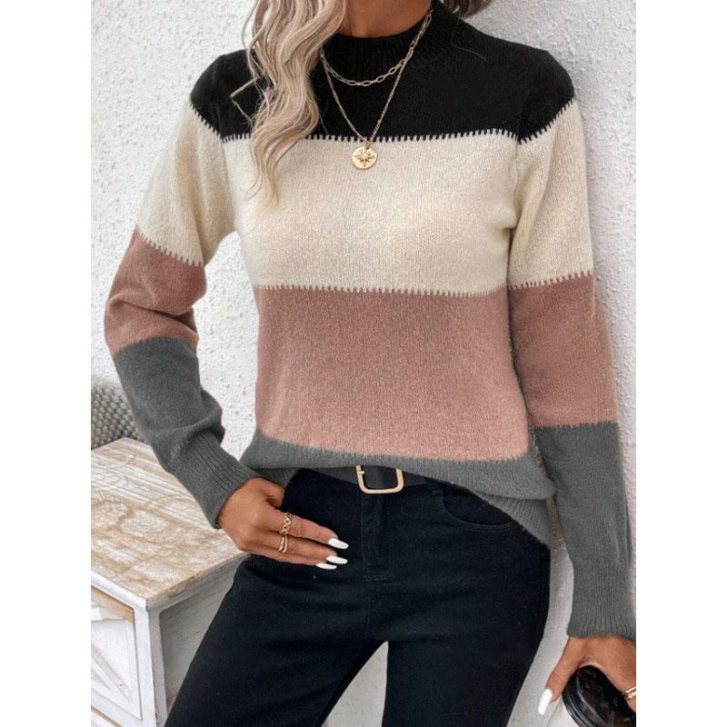 Women Sweaters Striped Long Sleeve Knit Pullovers Patchwork Thick Jumpers Round Neck High Street Loose Casual Autumn