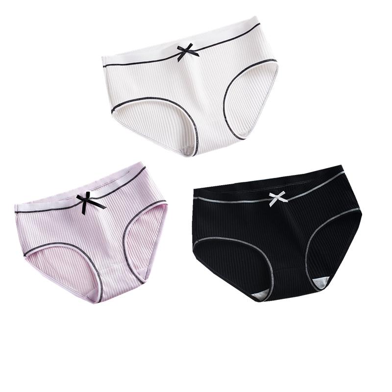 3Pcs Cotton Underwear Women Seamless Briefs Bowknot Stripes Underpants Breathable Mid-Waist Briefs for Female