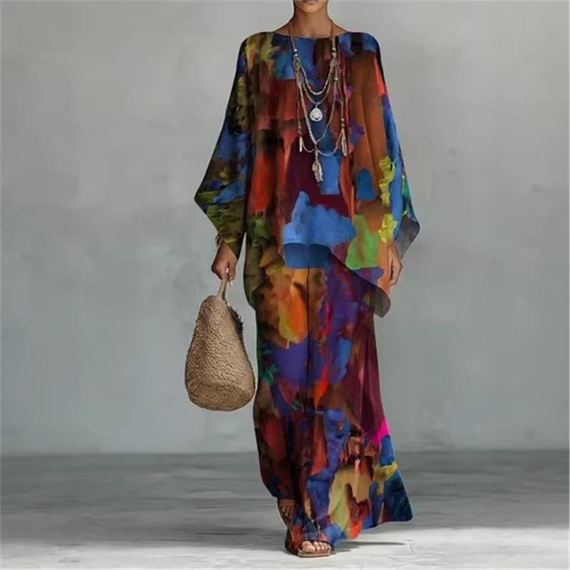 16 European and American artistic sense abstract graffiti cotton and linen set, round neck bat sleeve top + wide leg pants loose two-piece set