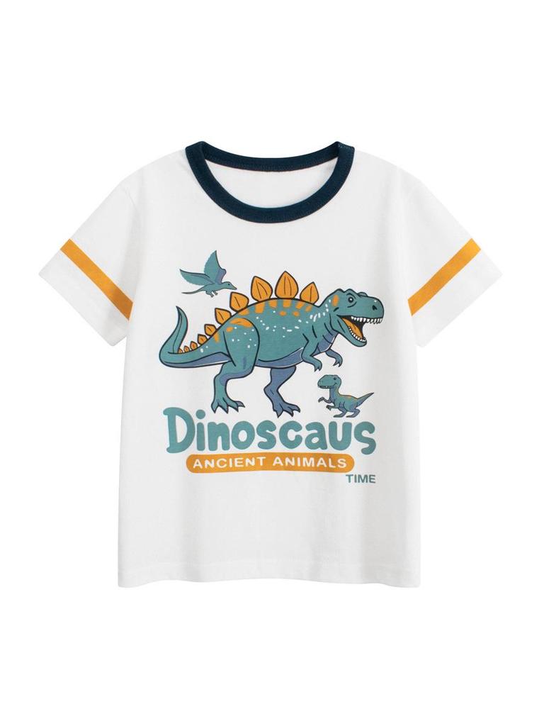 27kids Korean Style 2025 Summer Dinosaur T-Shirts for Boys - Short Sleeve Children's Tops