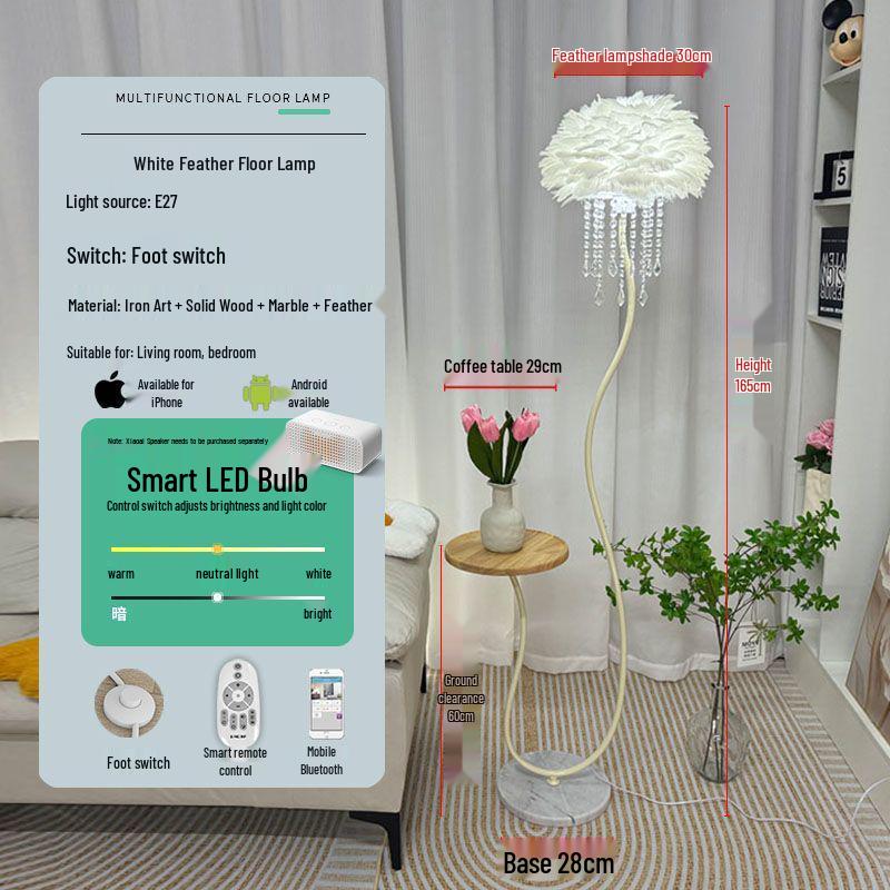 Elegant Crystal Feather Floor Lamp with Side Table Storage - Perfect for Living Room or Bedroom