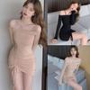 Women Dress Slash Neck Sexy Dress Hanging Drawstring Solid Color Long-sleeved Dress Clubwear