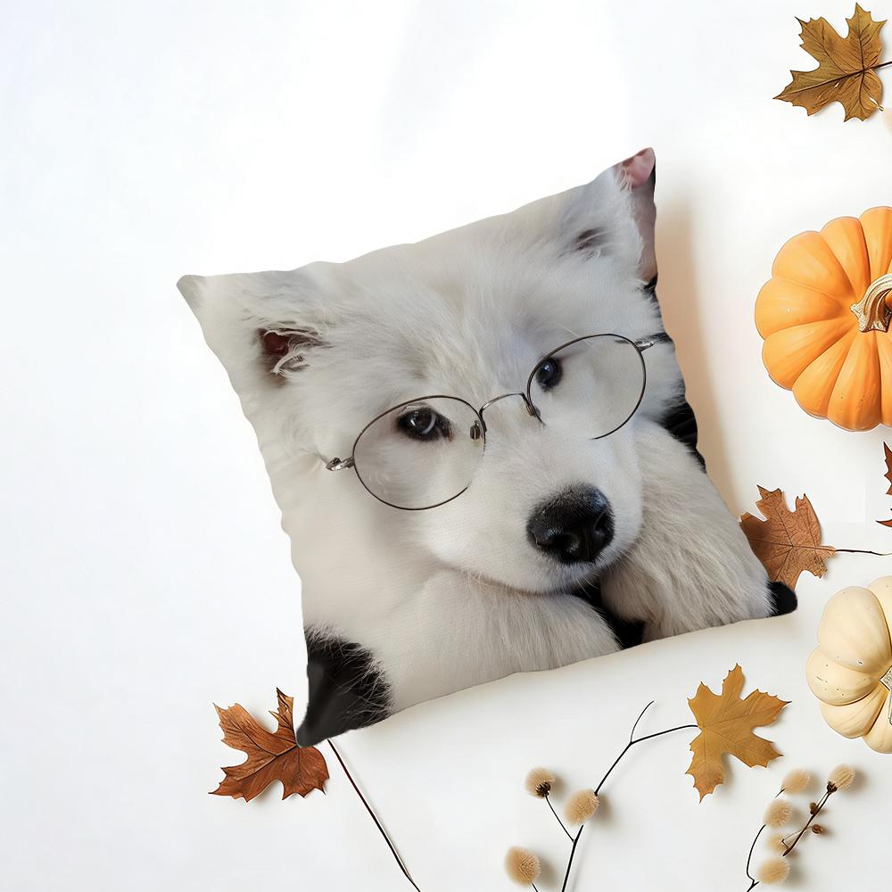 Casual Fluffy Smiling Dog Samoyed Cushion Cover Washable Linen Pillowcase Soft for Daily Sofa Bed Home Room Decor