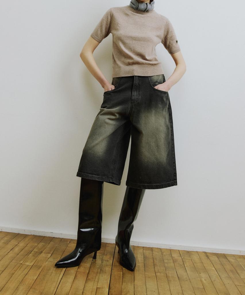 MOLLIOLLI Washed Knee-Length Denim Cotton Dark Grey Pants