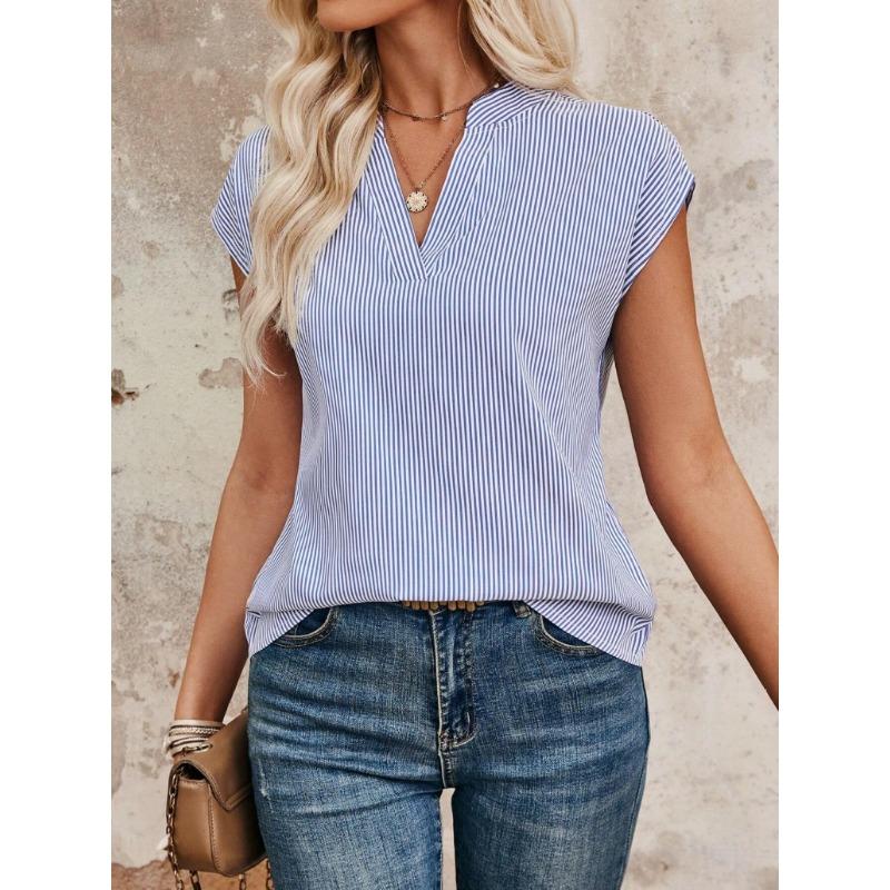 Womens Striped V Neck Short Sleeve Loose Casual Blouse S синий