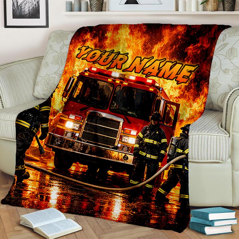 1PC Custom Name Firefighters Bravery Flames flannel blanket versatile,all-season throw suitable for the living room,bedroom,camping,travel,and gift