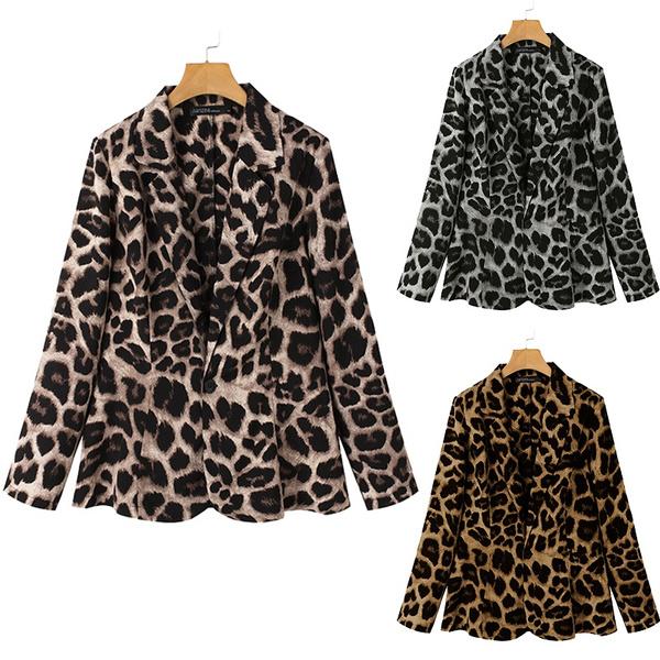 Womens Turn-Down-Collar Blazer Suits Full Sleeve Business Leopard Print Loose Button Coats Plus