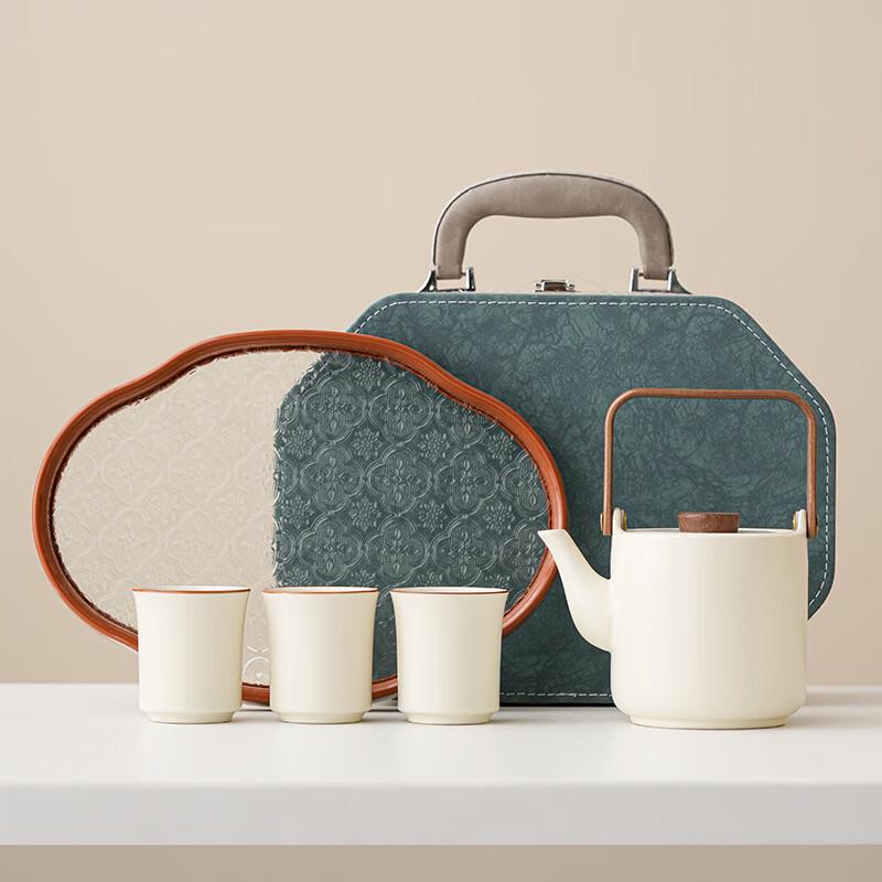 Elegant White Ceramic Gongfu Tea Set High-grade Leather Bag