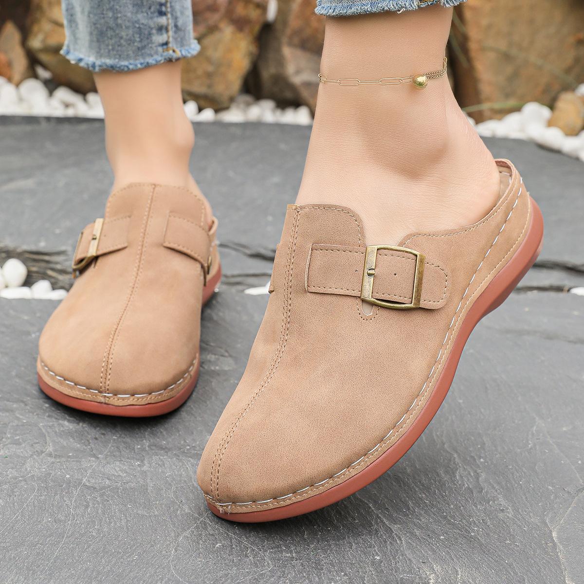 

Внешняя торговля 2025 весна новая модная верхняя одежда тапочки большого размера с плоским дном сумка перетаскивание головы ленивые одна педаль женская обувь половина лотка 36 хаки