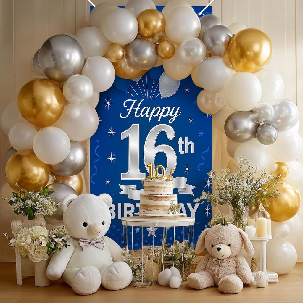 16th Birthday Door Cover 71x35 Inch Blue and Silver Birthday Banner for Party Decorations Balloon Ribbon Backdrop Sign for Boys Girls Teens Photo