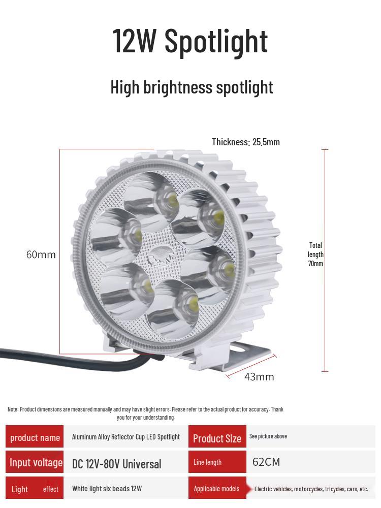 Super Bright 12V LED Headlight for Tricycles, Motorcycles, and 48V Electric Scooters - Waterproof and Durable.