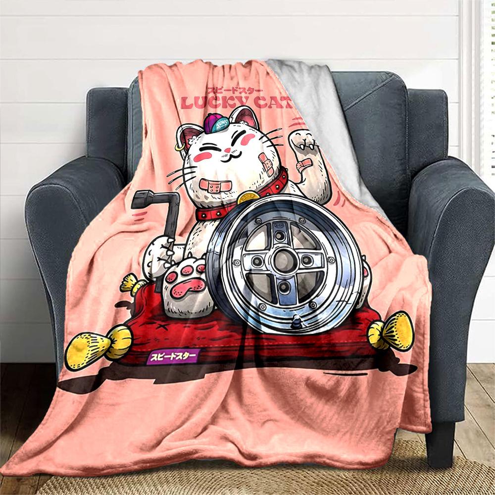 1pc LUCKY CAT Soft Flannel All Season Throw for Home, Office, Outdoor UseDurable Comfort Soft Warm Throw for Home