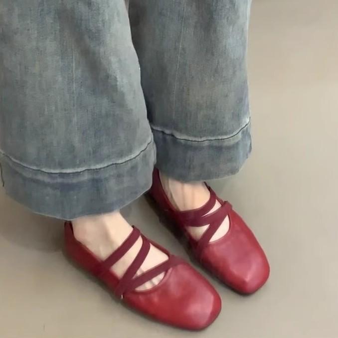 Sheepskin version~ French cross-strapped red Mary Jane shoes flat single shoes women's shallow mouth evening wind fairy ballet shoes