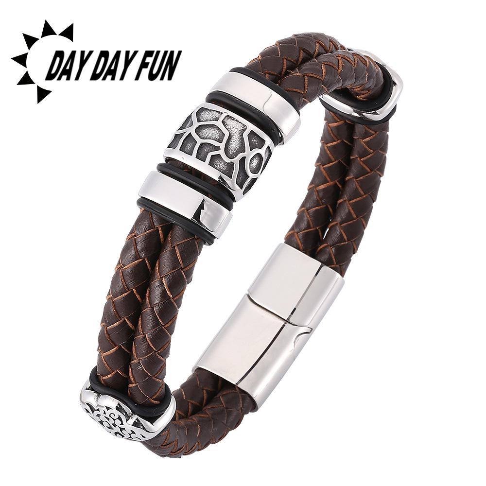 

Korean Trend Leather Bracelet with Stainless Steel Buckle - Unique Woven Design Inner 205mm [Straight Length 237mm]