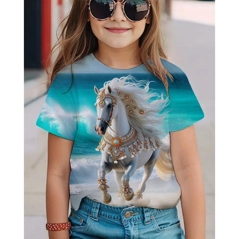 

Girls 3D Horse T shirt Tee Short Sleeve Summer Spring Fashion Basic Kids 4-12 Years 110cm