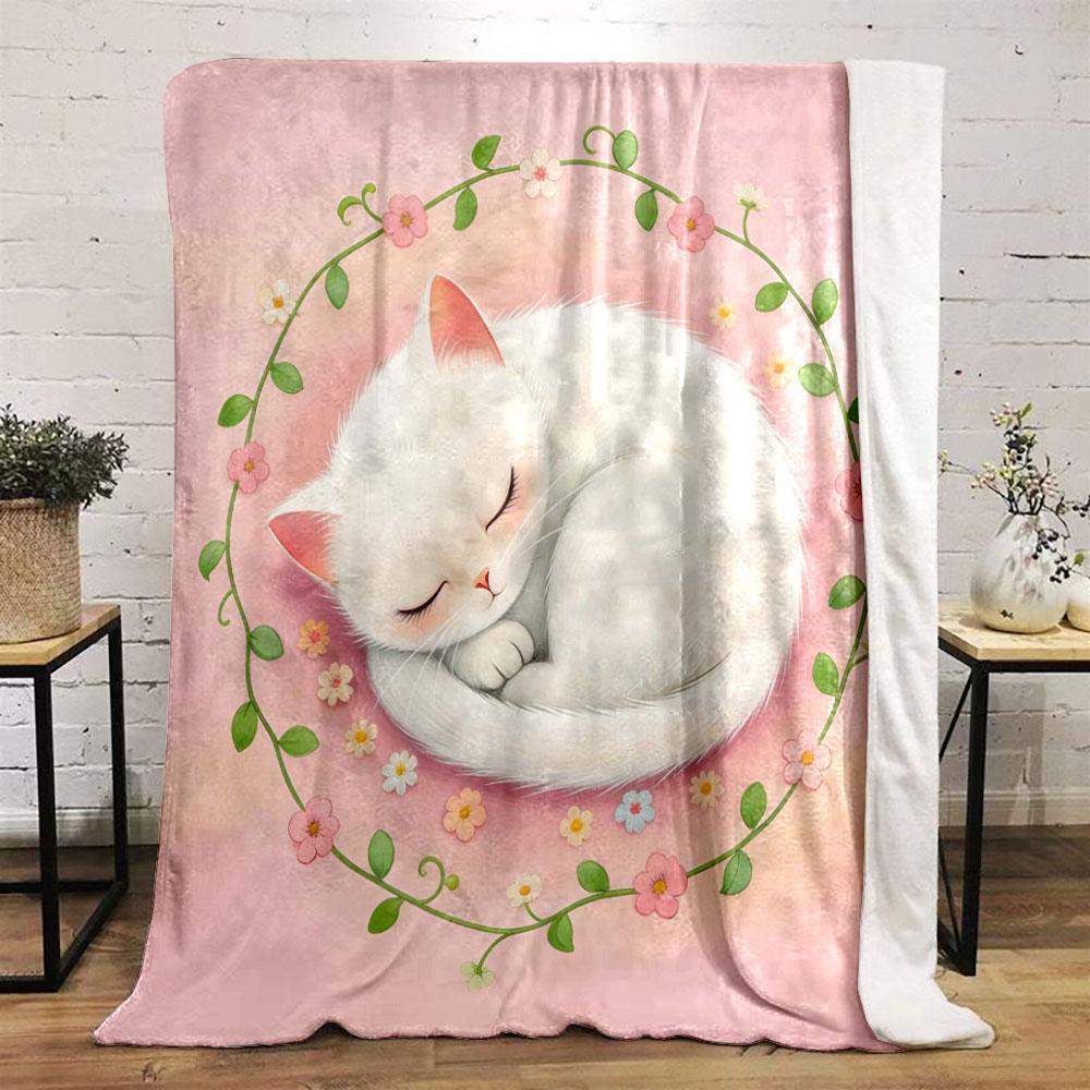 1PC Cartoon Kitten and Flower Illustration Print Warm Comfortable Blanket Home Travel Camping for Adults and Kids Luxury Gifts