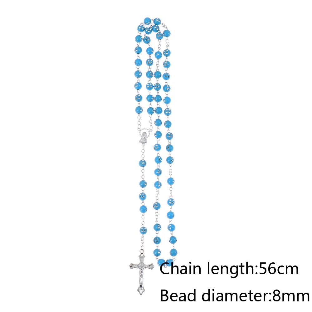 New Fashion Handmade Round Glass Bead Catholic Rosary Quality Bead Cross Necklace Beads Cross Religious Pendants Necklace