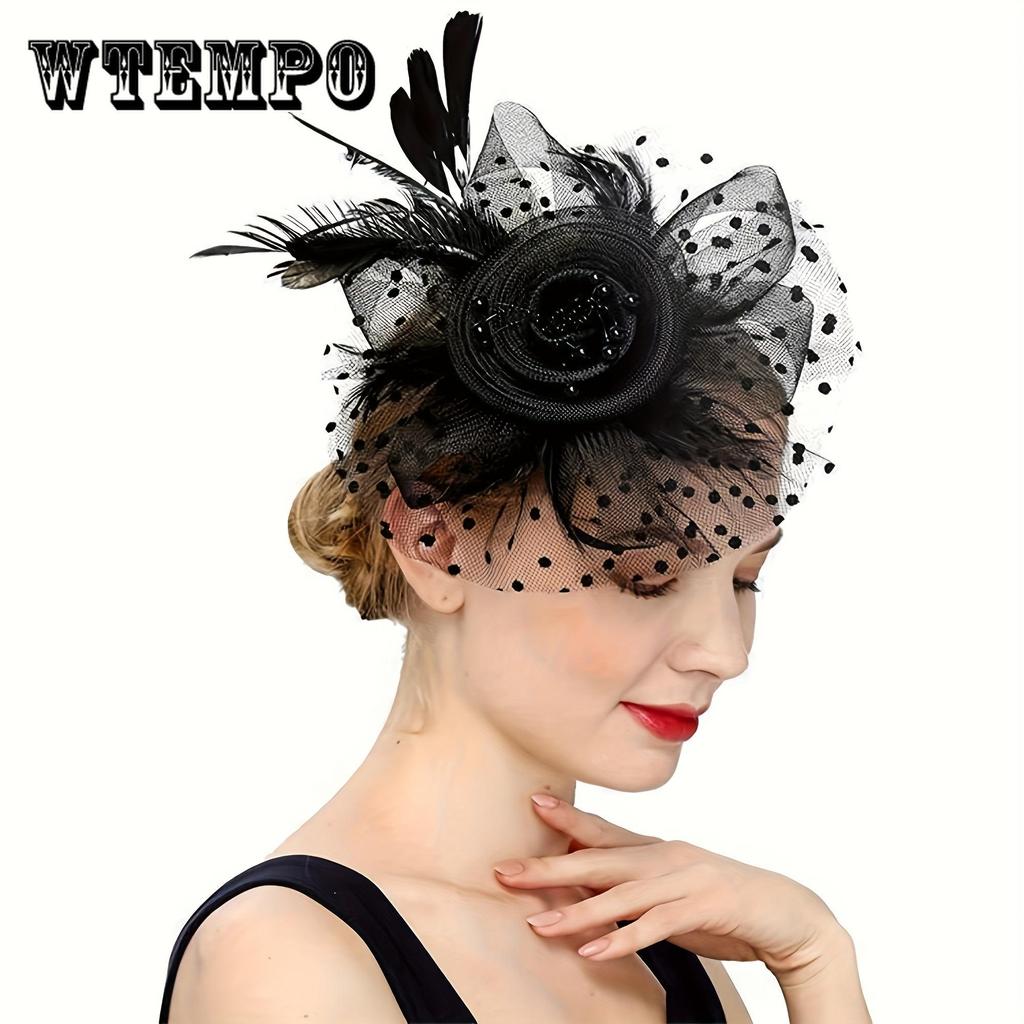 Elegant Fascinator Hat for Women with Floral and Mesh Design, Golden-Toned Headband with Fabric Feathers, Perfect for Weddings, Tea Parties, Halloween