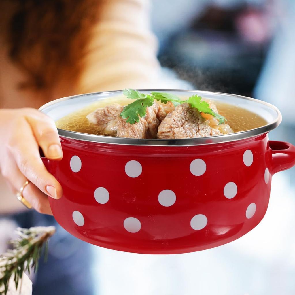 BESTOYARD 1 Quart Enamel Stock Pot with Lid - Double Ear Soup Pot for Simmering, Steaming, and Cooking - Vintage Style Kitchenware for Healthy Meals