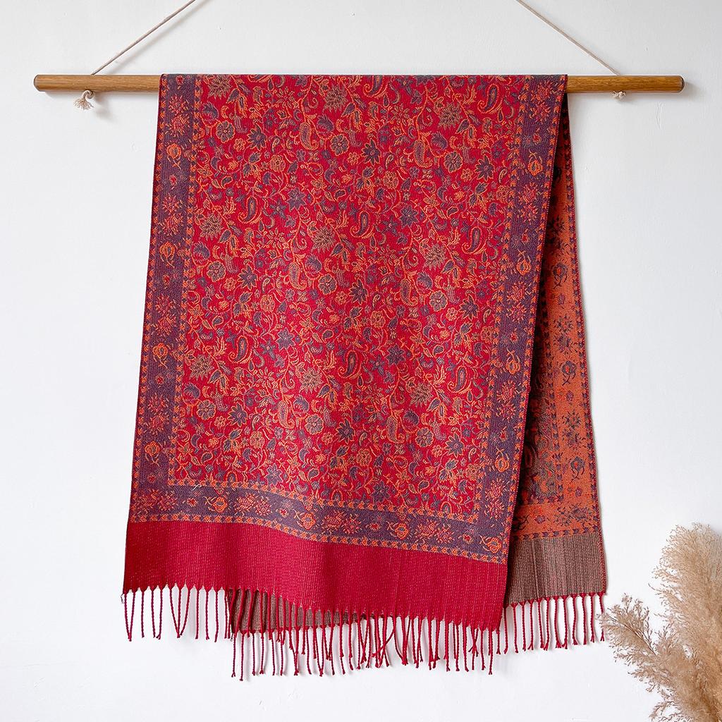 versatile retro flower pattern Hong Kong style imitation cashmere women's warm scarf fashion long beard fringed shawl