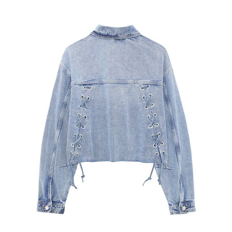 Fashion Wind 2024 Spring New Female Stylish Long Sleeves Washing Effect Bandage Denim Jacket Coat 6164095
