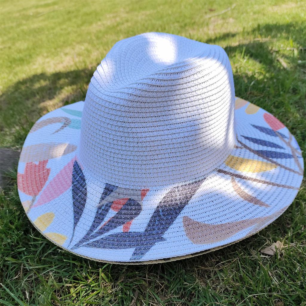 Handmade Graffiti Design Straw Hat Women'S Summer Fresh Grass Weaving Sun Shade And Sunscreen Hat Panama Jazz Sun Hat