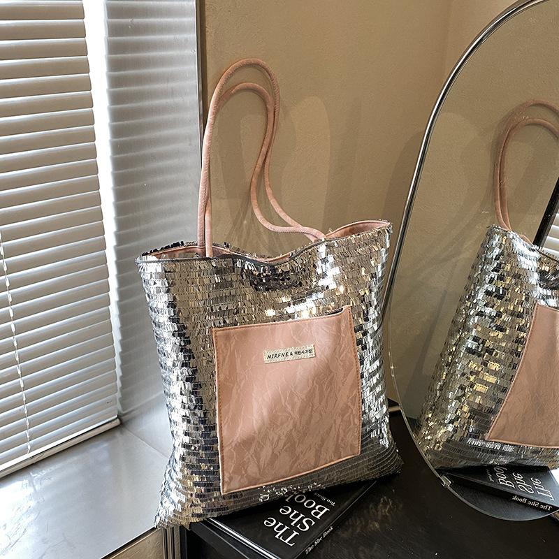 

Весенне-летняя высококлассная сумка с пайетками женская 2025 новая модная сумка на плечо нишевая сумка-тоут розовый