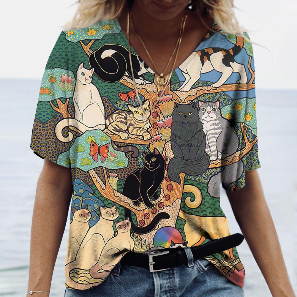 

Женская футболка с рисунком животного и кота, летняя футболка с короткими рукавами и 3D-принтом, одежда большого размера из полиэфирного волокна, модная одежда 6XL