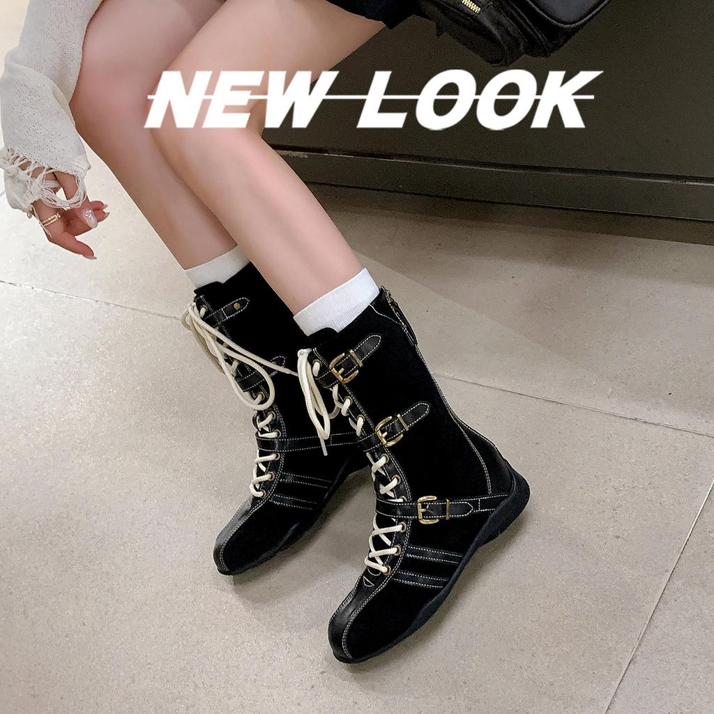 Cowhide version~ retro inner height increase 7cm boxing boots women's lace-up splicing belt buckle casual short boots Martin boots