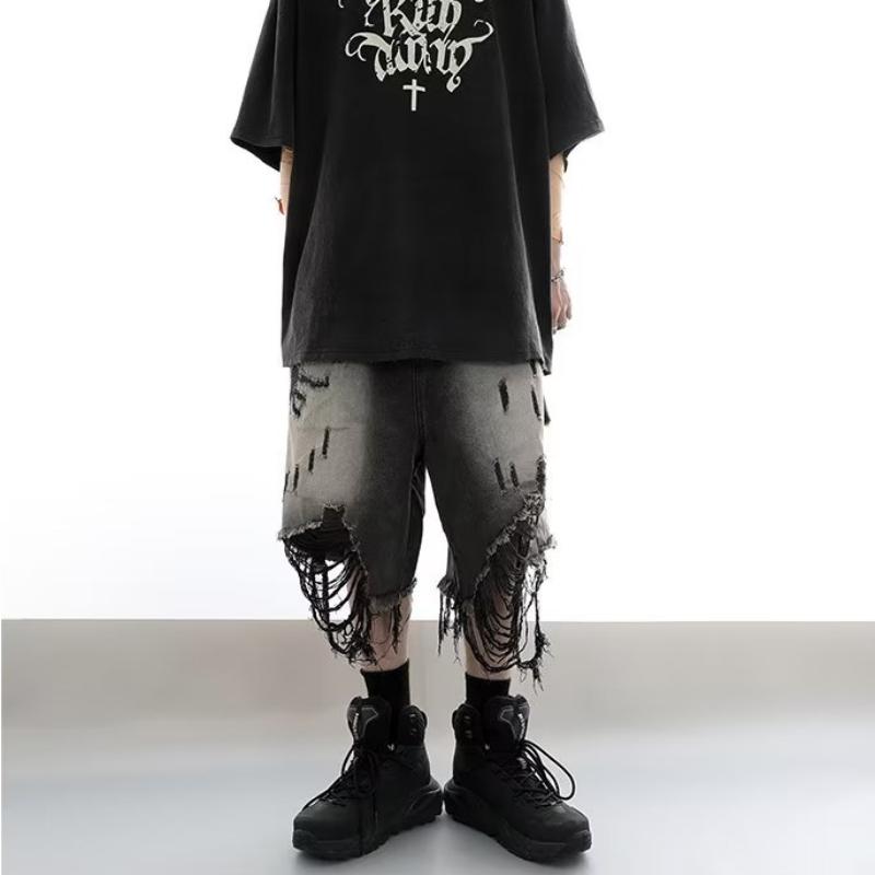 Erkek High Street Loose Yıkanmış Eski Yırtık Şortlar Amerikan Retro Şortlar Yaz Sokak Y2K Hip Hop Püsküllü Geniş Paça Günlük Kot Şortlar