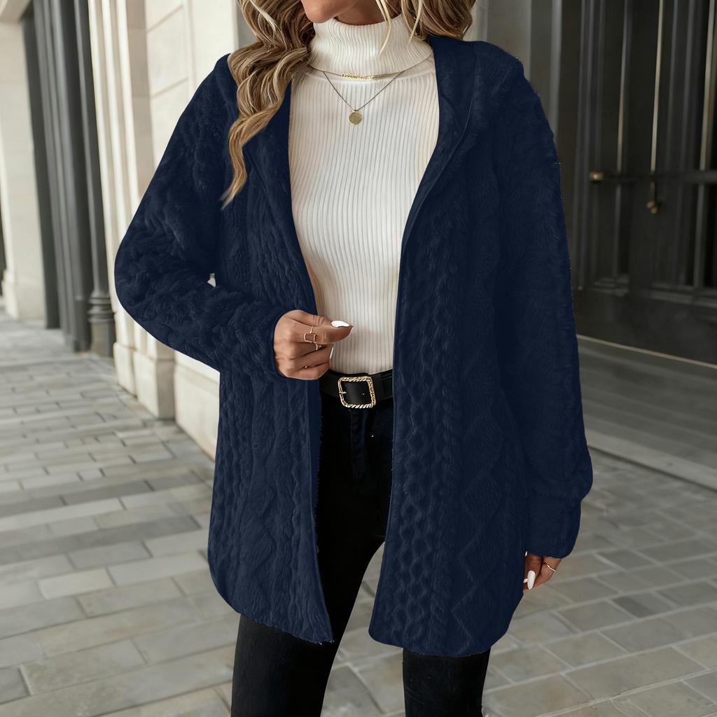 Damen Modischer Einfarbiger Langärmliger Lockerer Kapuzen-Cardigan Plüschjacke