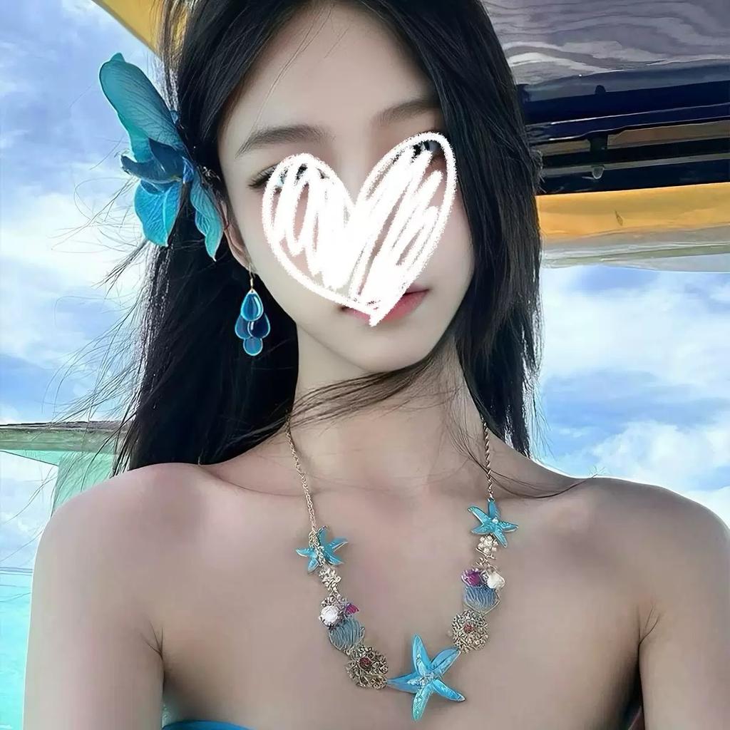 Summer Blue Starfish Shell Necklace, Seaside Vacation Atmosphere Photo Clavicle Accessory