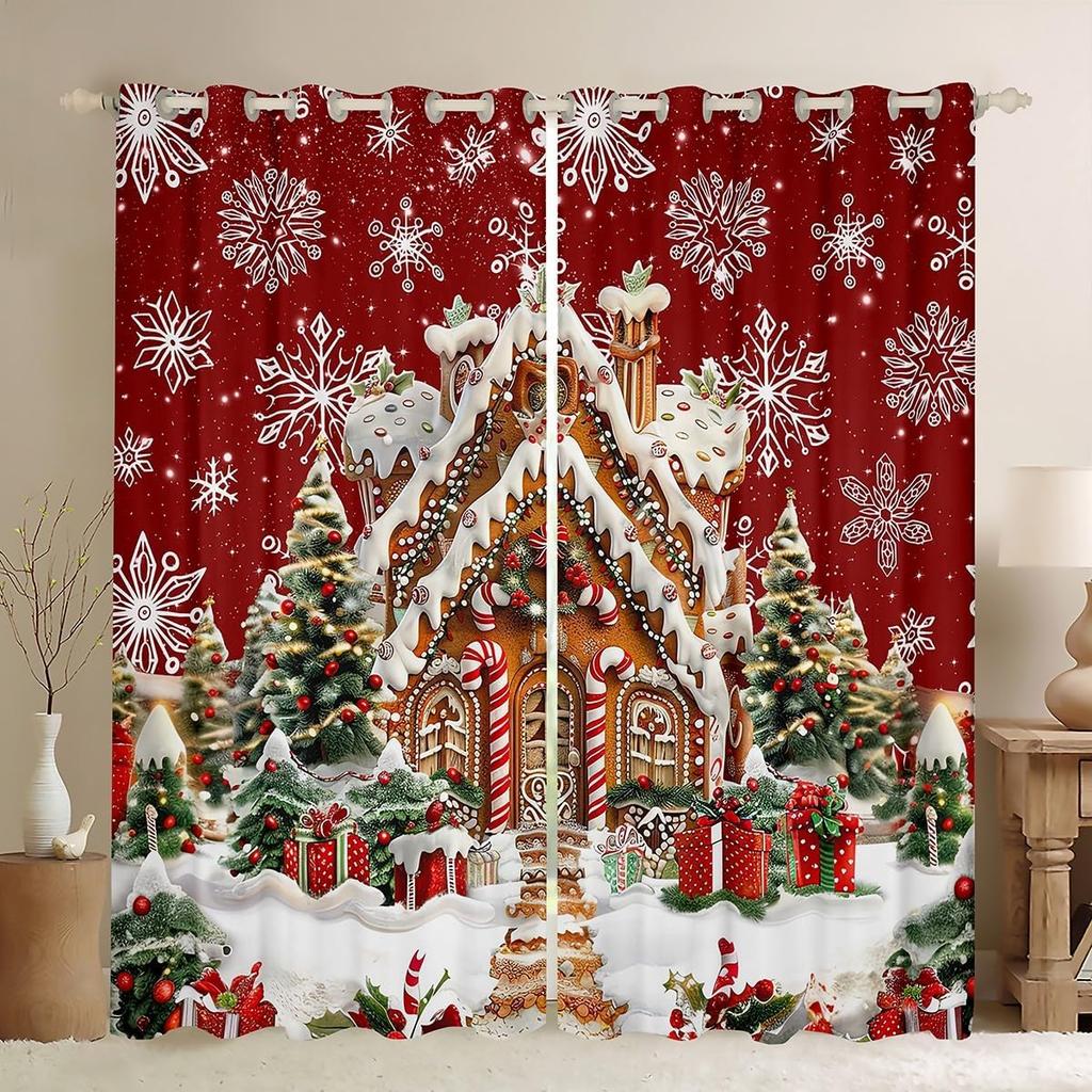 Christmas Gingerbread House Curtain Drapes Xmas Snowflake Window Curtains Kawaii Man Pattern Room Darkening Made Of Polyester