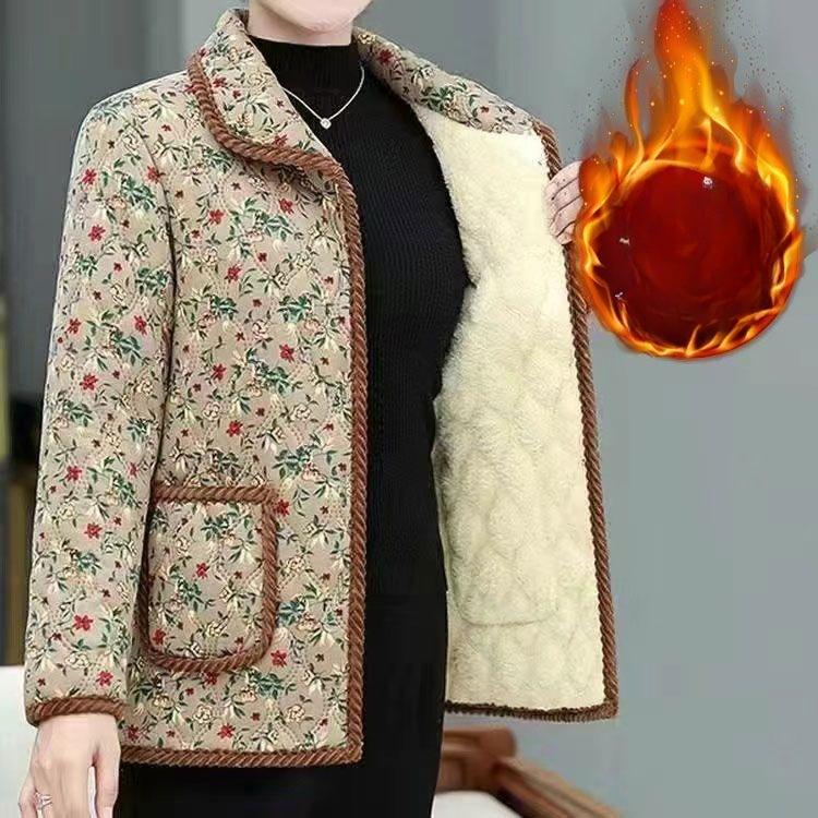 Middle-aged Women's Winter Warm Long-sleeved Plus Velvet Home Jacket Autumn and Winter New Thickened All-match Floral Cotton Jacket