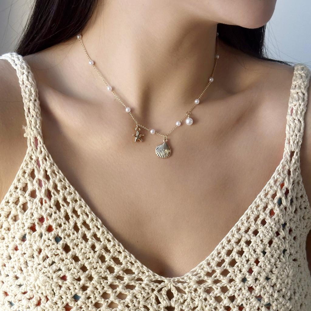 New Trendy Shell Starfish Conch Pendant Necklace for Women Minimalist Imitation Pearl Chain Necklace Summer Beach Party Jewelry