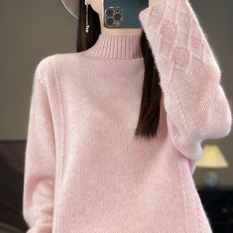 Women's Clothing Solid Color Pullover Long Sleeve Sweater Knitted Elegant Casual Autumn Winter Half High Collar Office Lady Tops