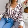 Chic Women's Loose Knitted Sweater with Balloon Sleeve and Contrast Stripe Tie, All Match Tops for Fall Winter