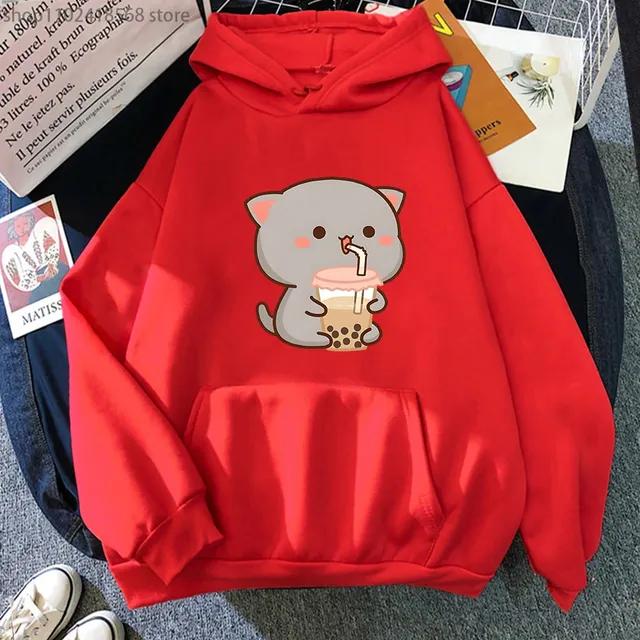 Peach Cat Love Boba Print Hoodies Bubble Tea Sweatshirt Girls Kawaii Cartoon Sudaderas Men's Tops Kawaii  Winter Clothes Women