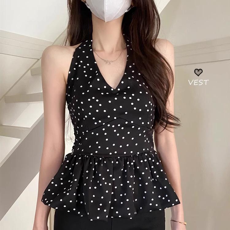 New Summer Women's Clothing, Japanese and Korean Spice Girls Fashion and Leisure Royal Sister Style Black Silk Polka Dot V-neck Doll Shirt Sleeveless