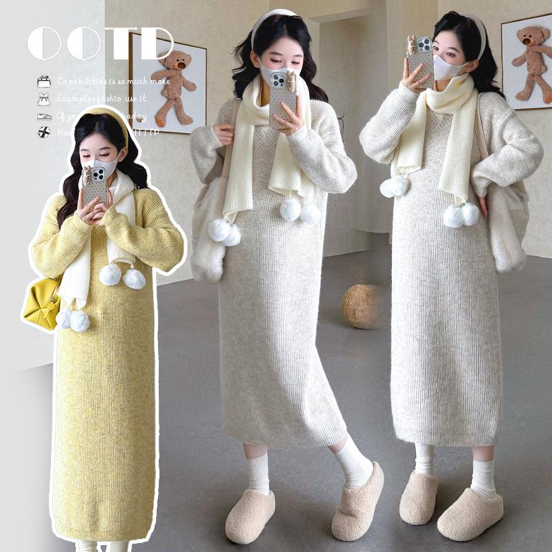 2025 Autumn/Winter Korean Style Maternity Knit Midi Dress with Scarf L