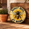 Easy Hang Metal Sign Honey Bee Round Sign, Bees at Work Retro Wall Hanging Plaque Decor for Cafe Bar Pub Home Art Walls