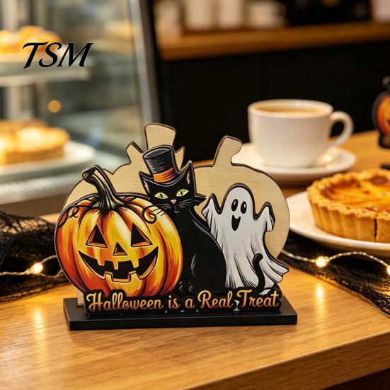 Solid Wood Tissue Holder Halloween Wooden Napkin Holder, Cute Pastel Pumpkin Ghost Black Cat Tabletop Dispenser, Waterproof Decorative Paper